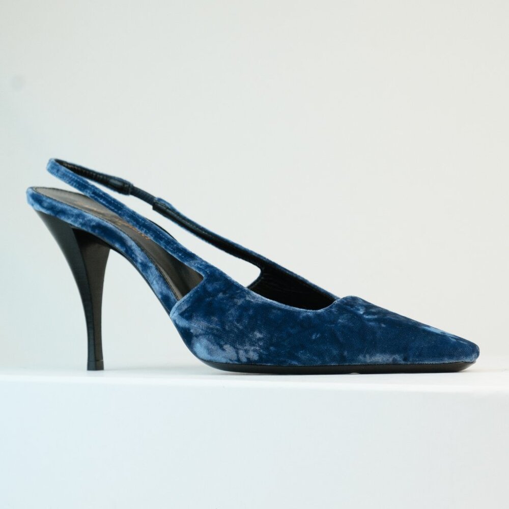 YSL Saint Laurent Velvet Slingback Pumps, Blue Velvet, EU 39